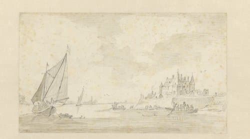 Rivierlandschap met kasteel (Loevestein?) by anonymous