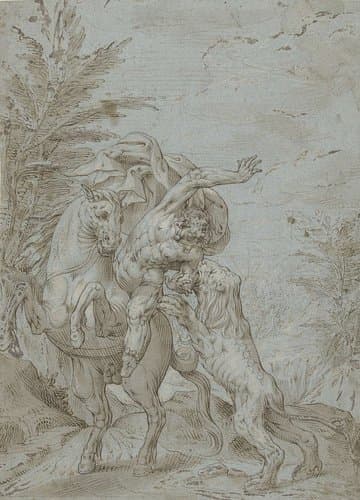 Ruiter door leeuw aangevallen (de profeet Bileam?) by Augustin Braun
