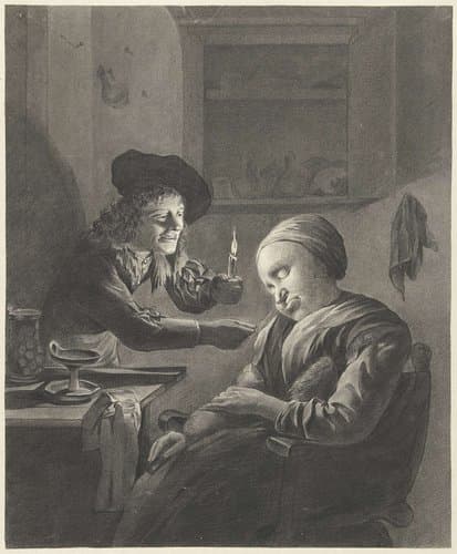 Man met kaars kietelt een slapende vrouw by J. Dillhoff