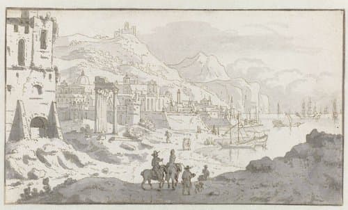 Gezicht op een denkbeeldige Italiaanse haven by Josua de Grave