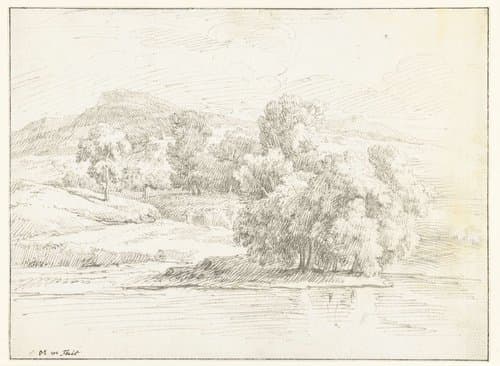 Heuvellandschap aan de oever van een breed water by Isaac de Moucheron