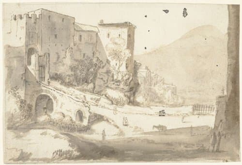 Italiaans landschap met links een stadspoort by Cornelis van Poelenburch