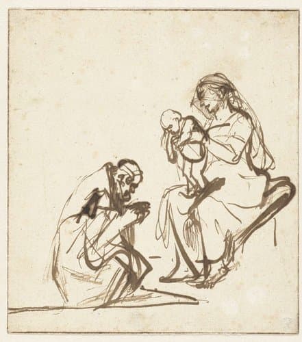 Een van de drie koningen aanbidt Maria en het kind by Rembrandt van Rijn