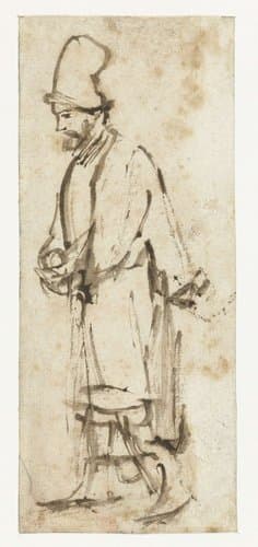 Lopende man met hoge muts by Rembrandt van Rijn