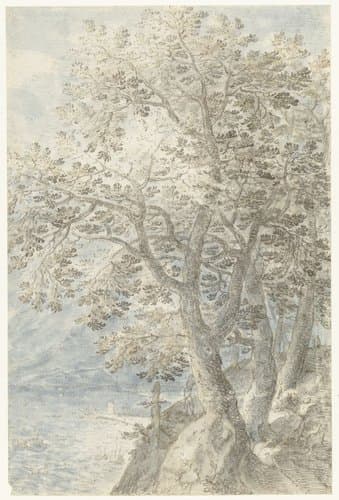 Bomen bij steile rotswand by Pieter Stevens (I)