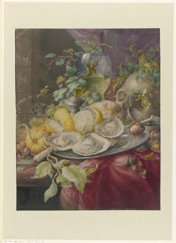 Vanitasstilleven met oesters en schedel by Herman Henstenburgh