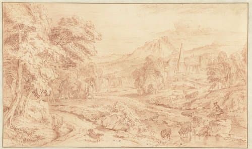 Italianate Landscape with a Shepherd and his Flock by the Water by anonymous