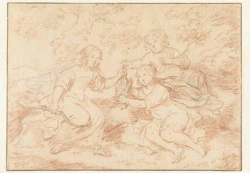 Drie kinderen in een landschap by Caspar Netscher