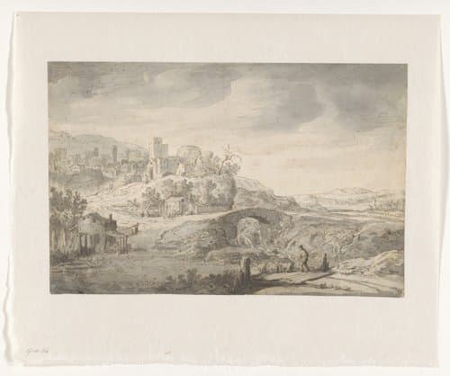 Landschap met stad op een heuvel en een herder by Claes Moeyaert
