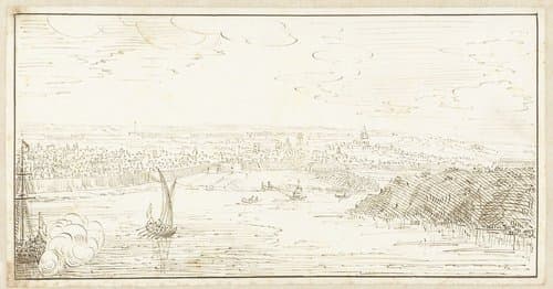 Gezicht over het water op een ommuurde stad by Johan Teyler