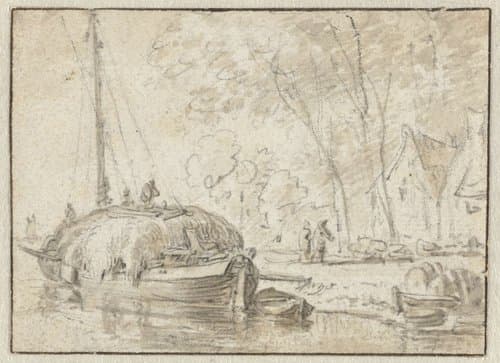 Hooischuit aan een oever by Herman Saftleven