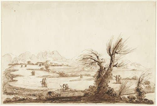 Landschap met figuren en op de voorgrond een kale wilg by Guercino