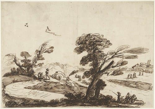 Landschap met figuren en op de voorgrond een grote wilg by Guercino