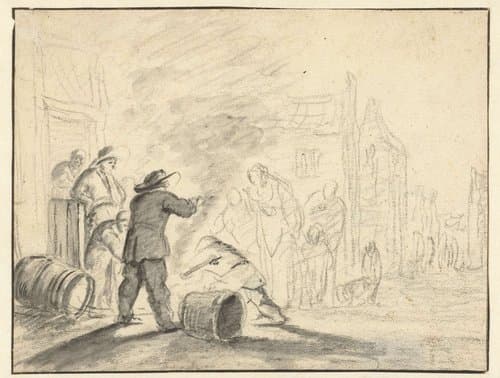 Toeschouwers rond een vuurtje op straat by Adam Louisz Colonia