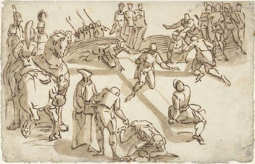 Oprichting van het kruis by Luca Cambiaso