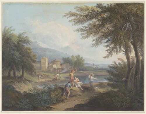Arcadisch landschap met herders en een vrouw by Francesco Zuccarelli