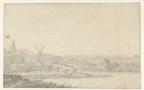 Landschap met een dorp en een stenen brug by Aelbert Cuyp