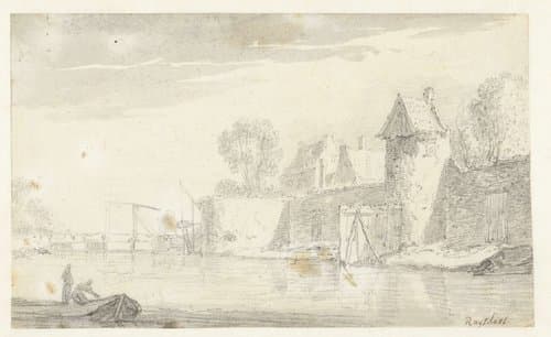 Rivierlandschap met rechts de muren van een stad by Salomon van Ruysdael