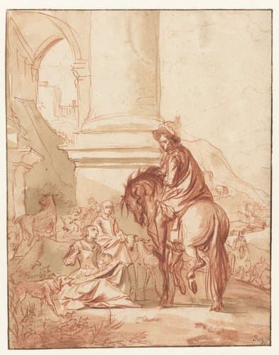 Ruiter begroet twee dames voor de portiek van een gebouw by Nicolaes Pietersz Berchem