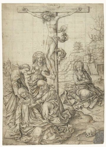Christus aan het kruis met Johannes, de drie Maria's en Maria Magdalena onder het kruis by Pieter Huys