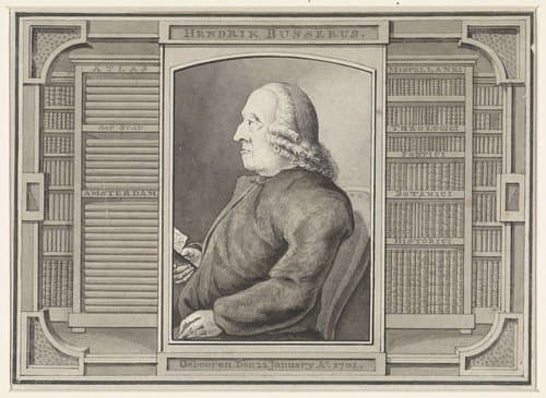 Portret van Hendrik Busserus, omlijst met boekenkasten
