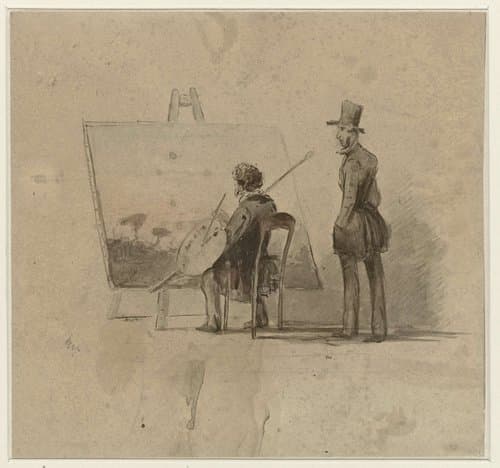 Portret van Johannes Franciscus Hoppenbrouwers voor zijn ezel en A. van den Berg toekijkend