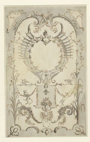 Vegetatief ornament met apen, festoenen, gekruiste pijlkokers en een borstbeeld (Vrije copie naar een prent van Gabriel Huquier naar Watteau) by anonymous