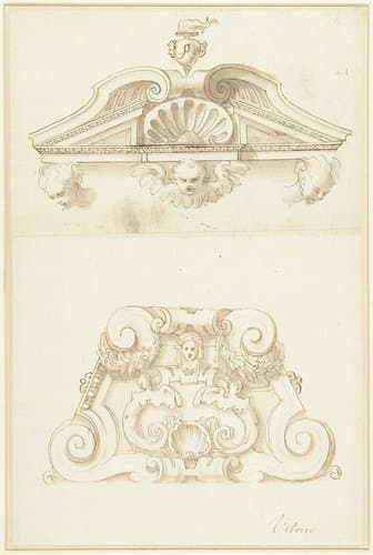 Twee ornamentale schoorsteenontwerpen by Vittorio Maria Bigari