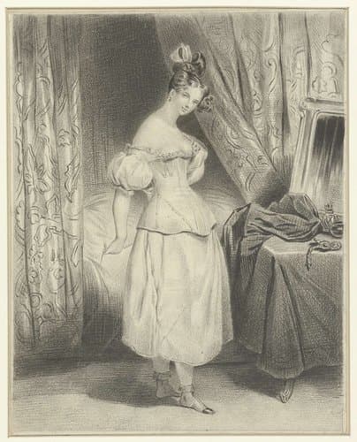 Jonge vrouw in slaapvertrek, haar corsetlijfje losrijgend by Frédéric Bouchot