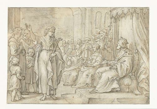 Vrouwelijke heilige verschijnt voor een koning by Pieter de Jode (I)