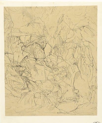 Kaal rotslandschap, op de voorgrond links een waterval by Rodolphe Bresdin