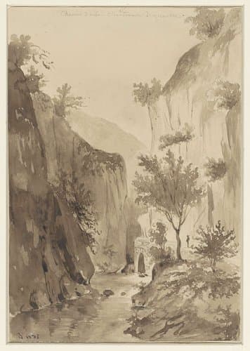 Rivier tussen begroeide rotsen; rechts een weg by A Regnier (nthony?)