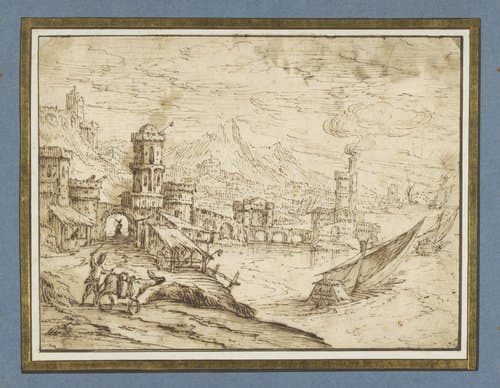 Stad aan een baai; rechts uitvarende galeien by Tobias Verhaecht