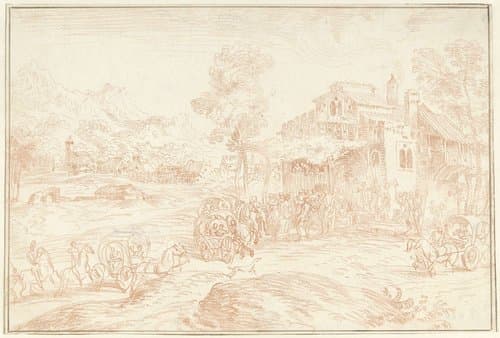 Landschap met vele figuren bij een herberg by Jean Antoine Watteau