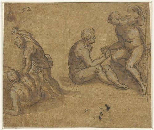 Adam en Eva onder de boom en Cain die Abel doodt by Jacopo Palma (il Giovane)