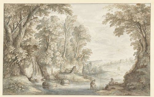 Twee hengelaars bij een waterval in een bos