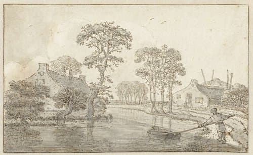 Landschap met twee huizen aan een water by Jan Jansz. den Uyl (II)