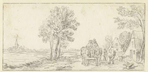 Bespannen wagen voor een herberg by Jan van Goyen