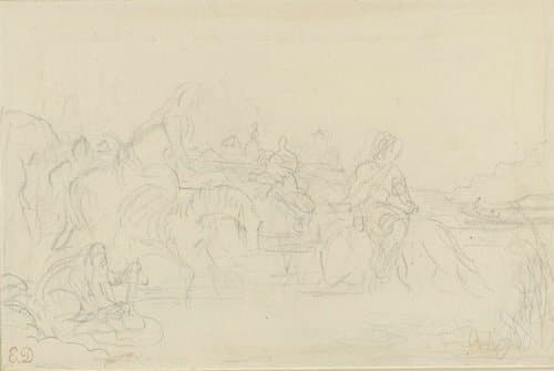 Ruiters laten hun paarden drinken by Eugène Delacroix