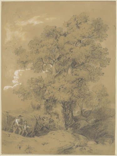 Blinde man wordt door een jongen geleid in een landschap met grote eikenbomen by Ludwig Munthe
