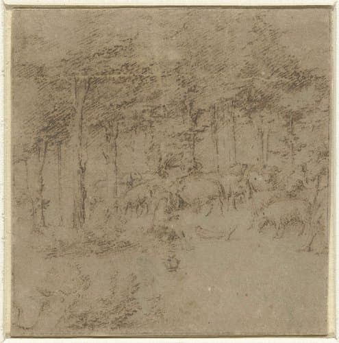 Kudde en twee figuren in een bos by Jacopo Ripanda