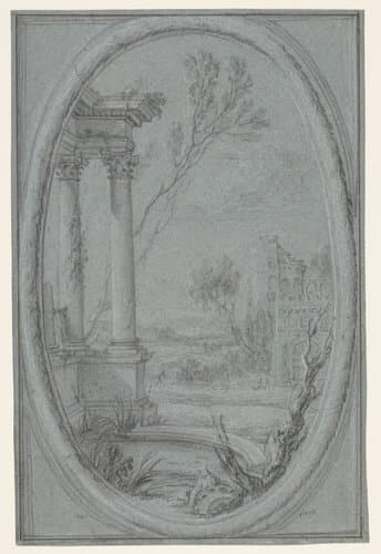 Landschap met tempelruïne in ovale lijst by Jacques Patel