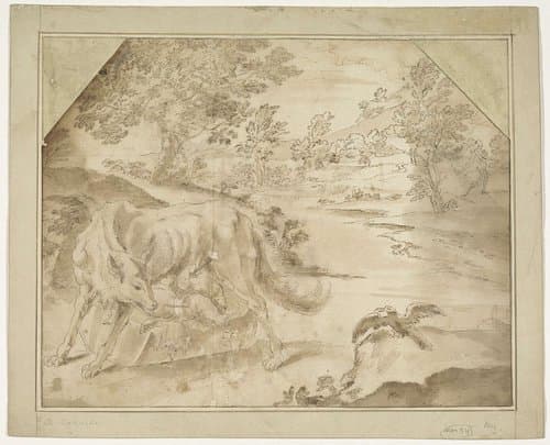 Landschap met Romulus en Remus gevoed door de wolvin by anonymous