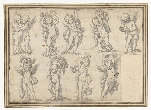 Studieblad met tien engeltjes met attributen by anonymous