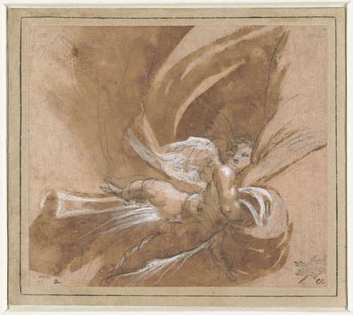 Zwevende putto die een gordijn optilt by anonymous