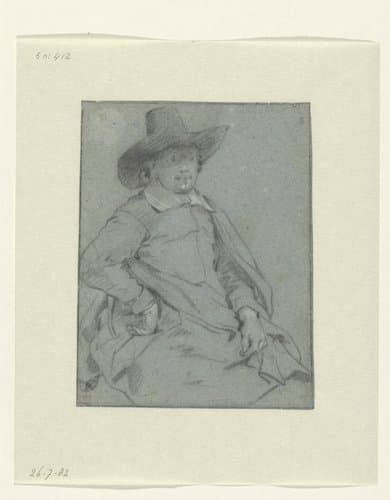 Zittende man met hoed en mantel, naar rechts by Jacob Adriaensz Backer