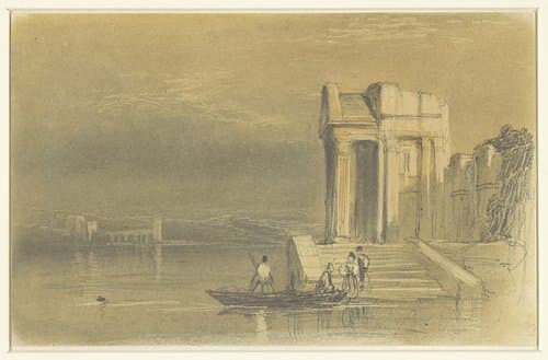 Tempelruïnes aan een meer in een Italiaans landschap by William Clarkson Stanfield