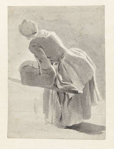 Rustende dienstmaagd met een mand, op de rug gezien by Hermanus van Brussel