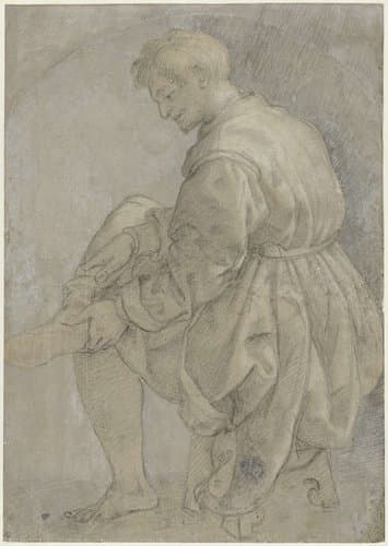 Zittende man die zijn kous aantrekt by Alessandro Allori