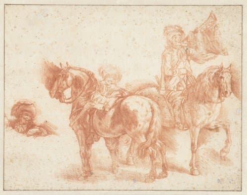 Trompetter te paard en een ruiter die zijn paard bestijgt, met een alternatieve studie voor zijn hoofd en schouders by anonymous